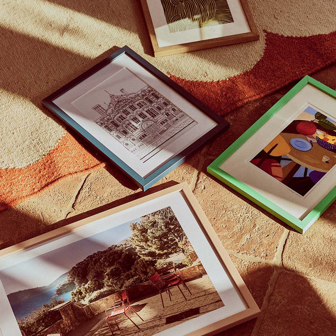 A collection of colourful photos frames