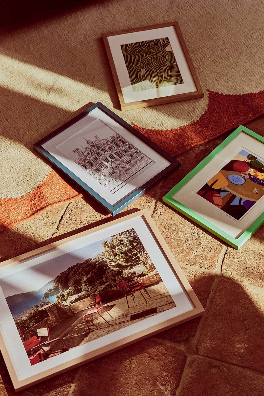 A collection of colourful photos frames