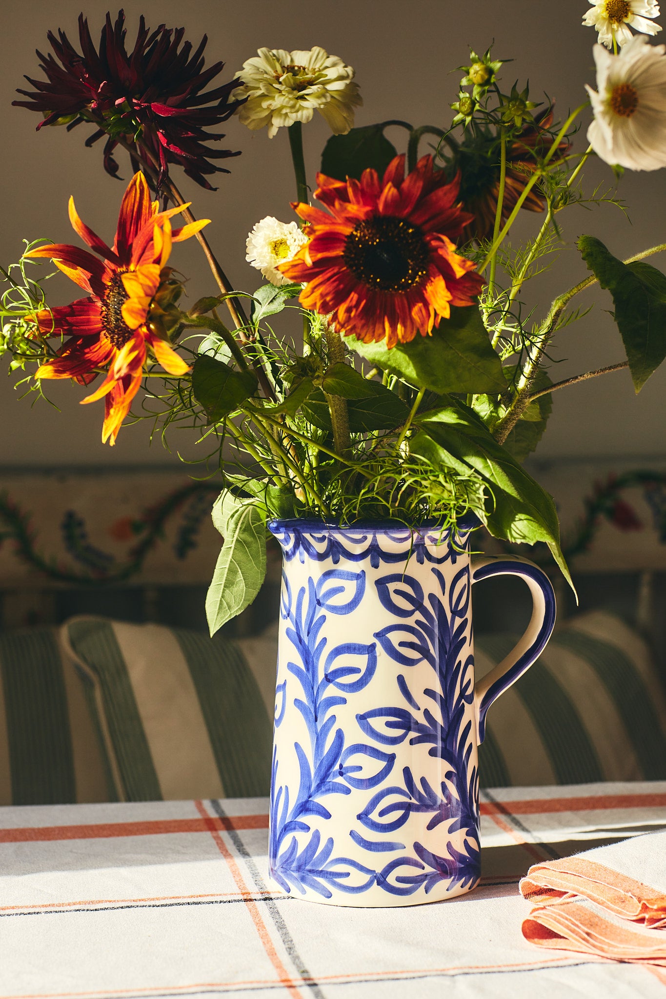 Late Afternoon Large Blue Vina Jug with Uncut Stems Flowers