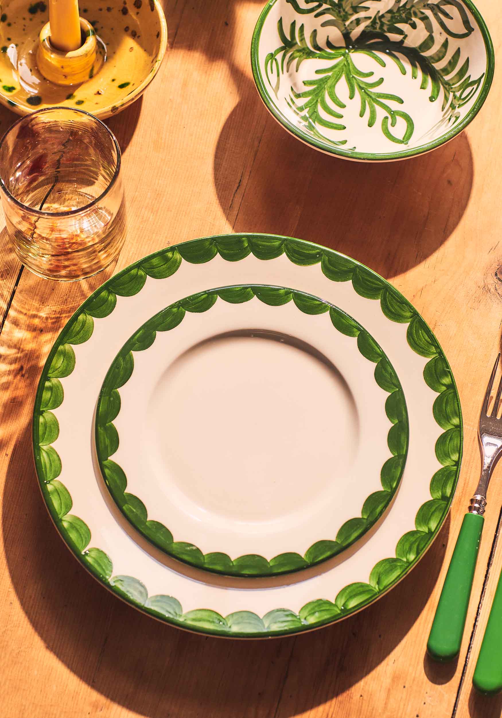 Late Afternoon Green Knife and Fork Set Green Scallop Plates