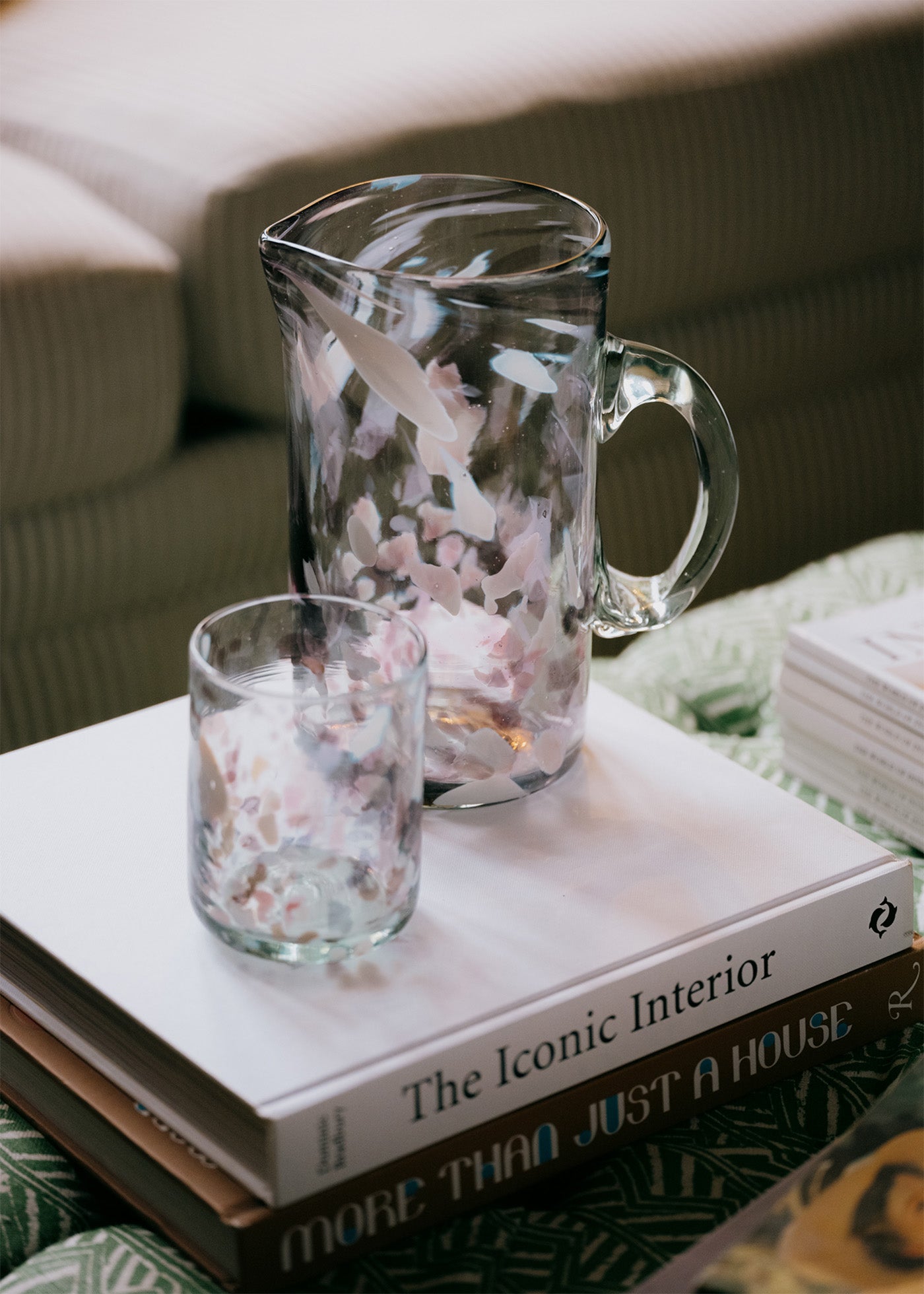 pink speckled glass pitcher/jug and tumbler