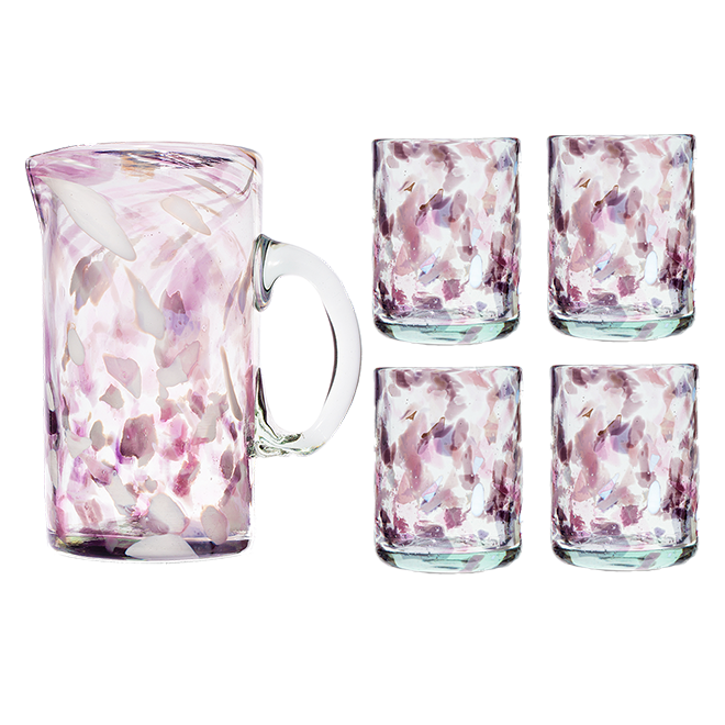 Set of pink glass pitcher and four glasses