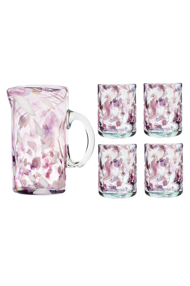 Set of pink glass pitcher and four glasses