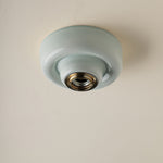 A round, semi-glossy pale blue green ceiling light fixture with a brass socket, shown mounted on a textured off-white ceiling.