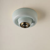A round, semi-glossy pale blue green ceiling light fixture with a brass socket, shown mounted on a textured off-white ceiling.